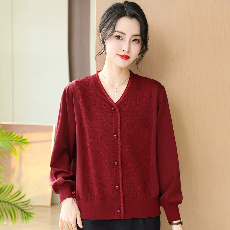 Топ свитер с V-образным вырезом весенняя одежда для женщин Новинка 2024 года футболка с длинным рукавом Тонкая Свободная верхняя одежда для мам Красивая маленькая рубашка