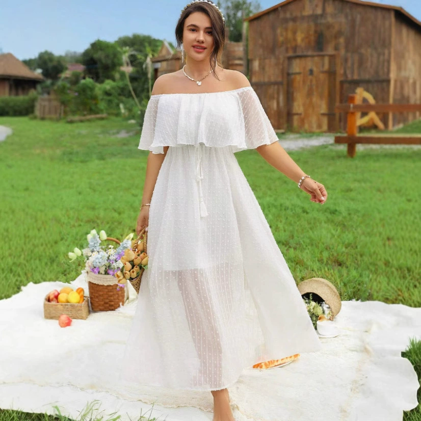Летнее французское праздничное платье феи на одно плечо с открытыми плечами, белое платье в стиле богини с рюшами, очень большой размер