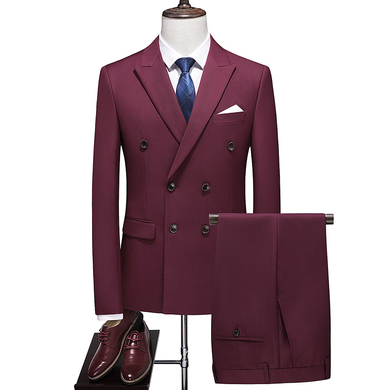 Men's Clothing new men's large size suit two piece double breasted solid color suit for men burgundy bracket_voghion.com