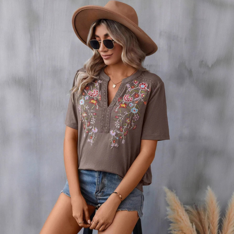 2026 European and American Amazon Cross-Border Summer New Fashion Multi-Thread Embroidery Patchwork Lace Top Women's T-Shirt