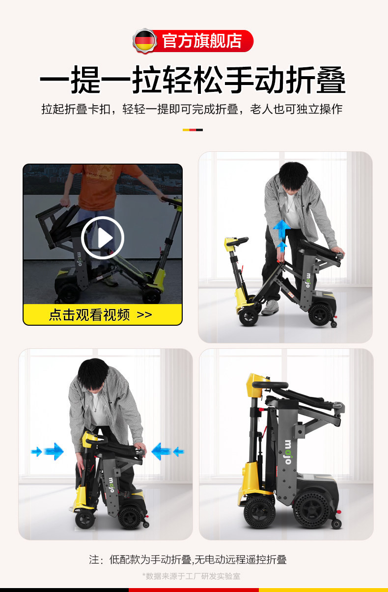 Cross-border export of high-end, new-model electric mobility scooters for seniors, featuring smart folding and four-wheel drive, suitable for travel and equipped with a battery