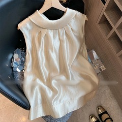 フレンチプリーツ真珠光沢のあるホルターネックノースリーブトップ女性のための 2025 夏の新しい気質スーパー妖精優しくクールなベスト