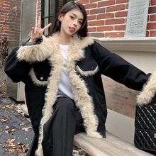 冬季新款复古拼接黑色毛毛牛仔外套女加绒加厚宽松中长款棉衣棉服