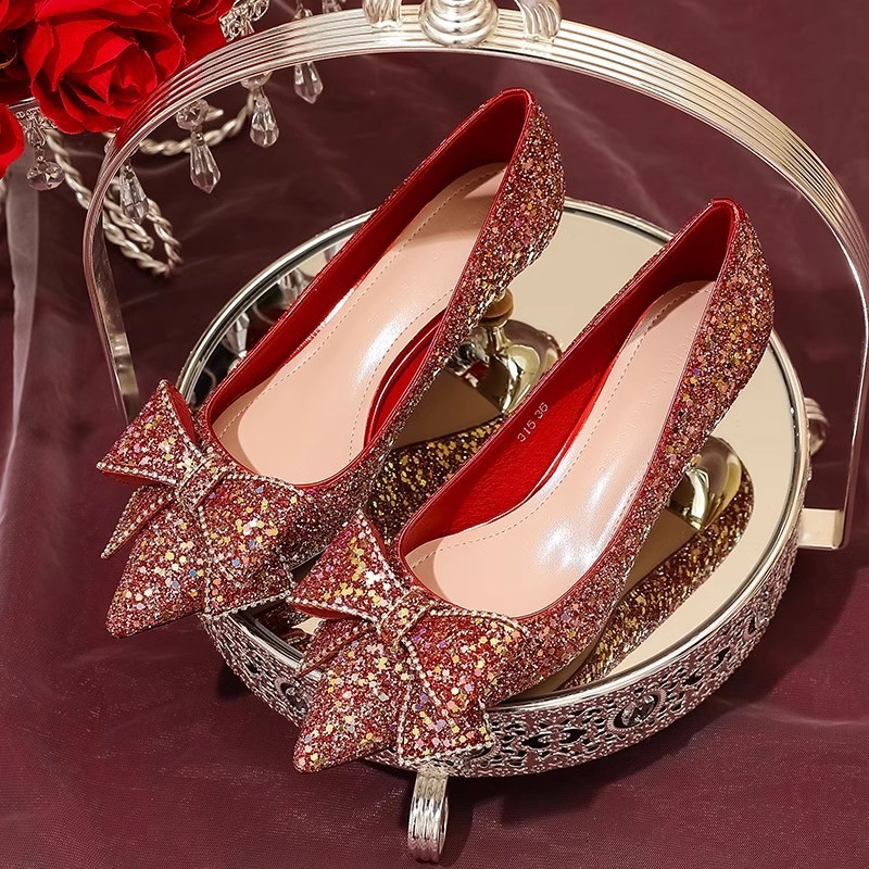 Red French Style Bride Women 2025 Autumn New High Low Heels Single Wedding Dress Two-Way Crystal Shoes_vogvips.com