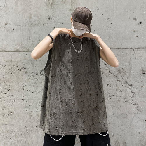 Men's Summer Design-Forward Streetwear American Retro Backless Tee for Youth Loose Tear Drop-Shoulder Tank Top