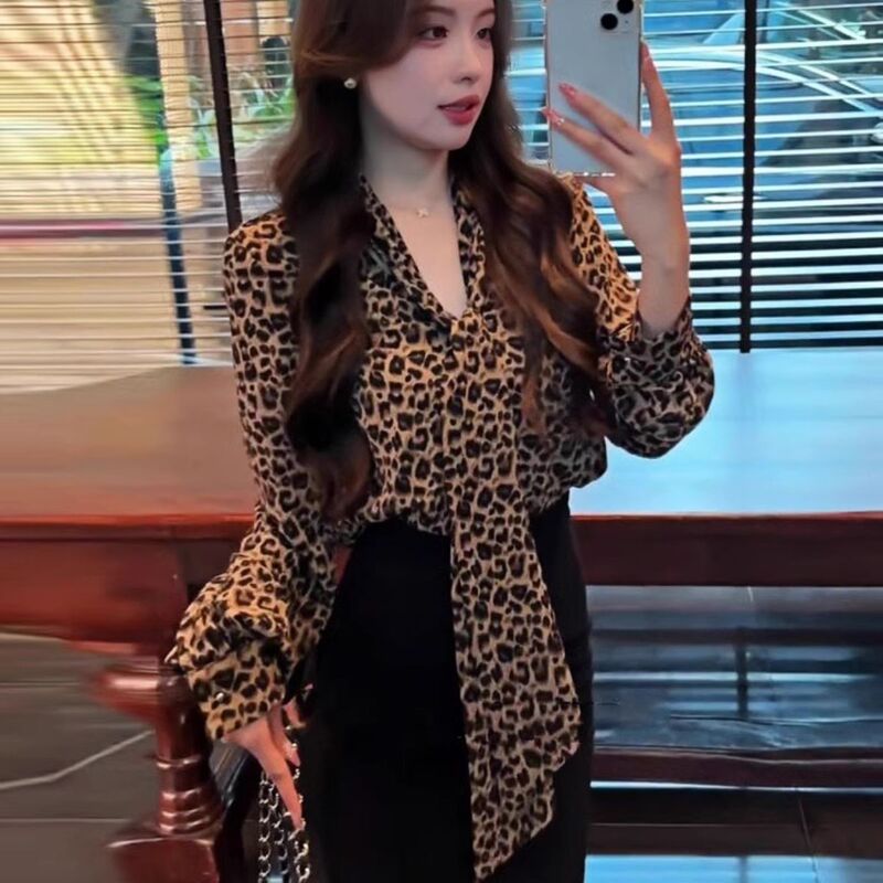 French Retro Leopard Print Tie Shirt New Women's Shirt Loose Top Leopard Print Chiffon Shirt for Women French Retro Leopard Print Tie Shirt New Women's Shirt Loose Top Leopard Print Chiffon Shirt for Women
