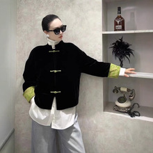 今年流行漂亮新中式黑色丝绒外套女秋冬款复古中国风唐装盘扣上衣