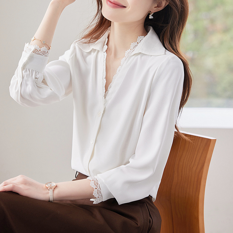 French High-end Purple Shirt Women's Spring and Summer New All-match Design Sense V-neck Lace Stitching Shirt Light Luxury