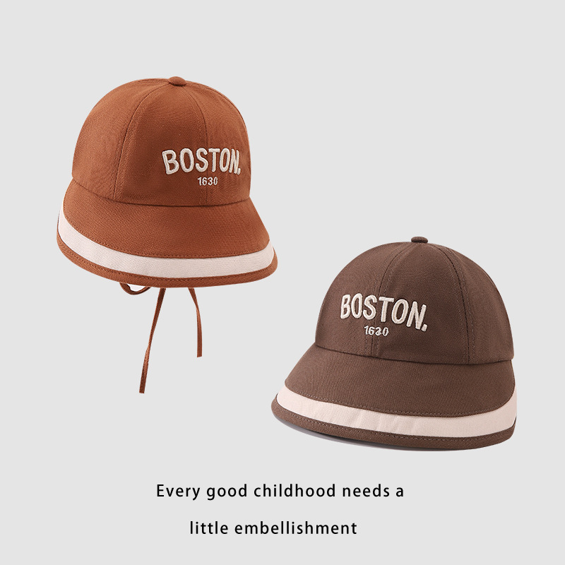 Sombrero de pescador para niños primavera y otoño letras extranjeras bordadas correa anti-caída sombrero de sombrero para bebés al aire libre gorra de protección solar