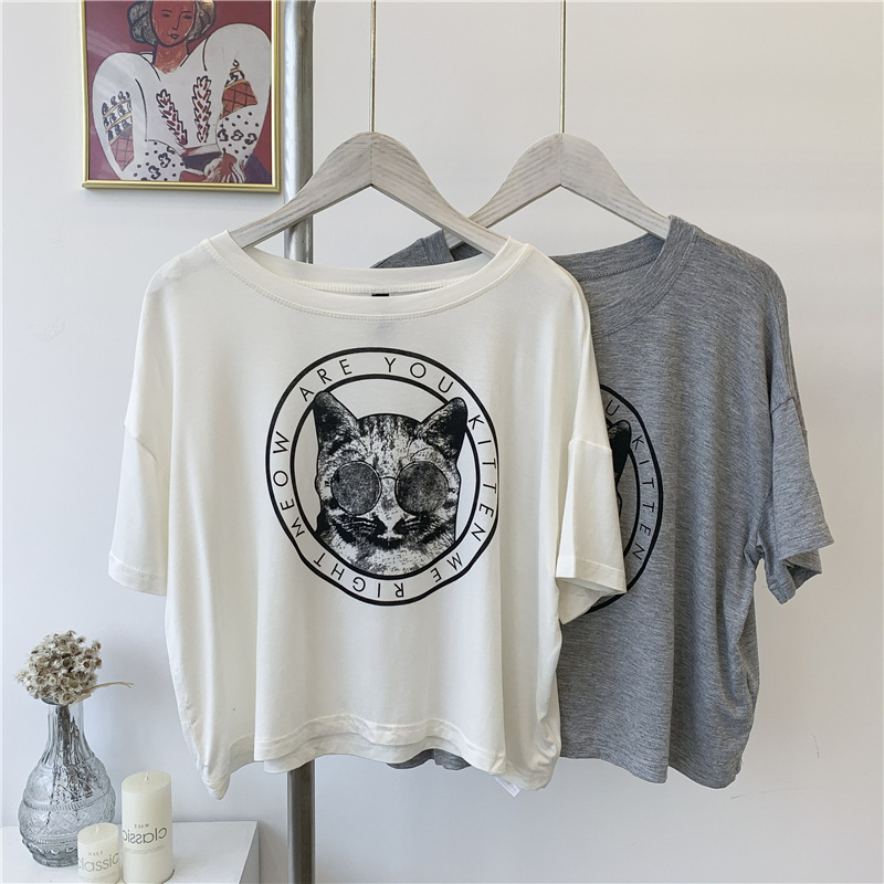 European and American Style Summer Modal Navel Blouse Women's Maddell Cute Cat Printed Loose T-shirt Women's AA Top