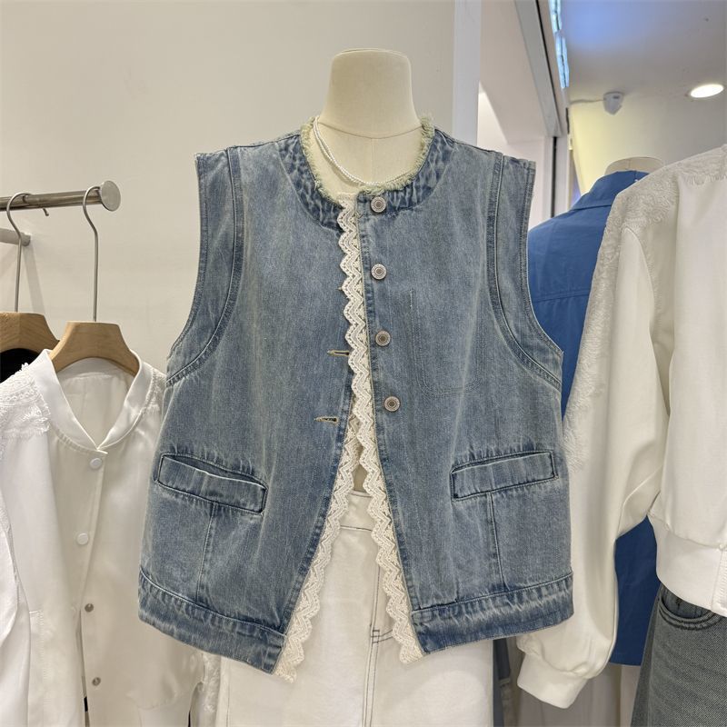 Spring fashionable lace retro denim jacket sleevless