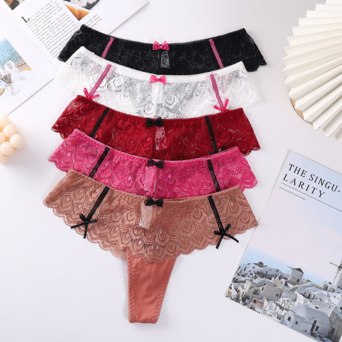 Ladies' underwear hot-selling high-end sexy lace edge butterfly knot transparent mesh G-String eBay new arrival