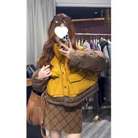 冬季欧货2026新款美拉德穿搭宽松黄咖拼色立领短款棉衣棉服外套女