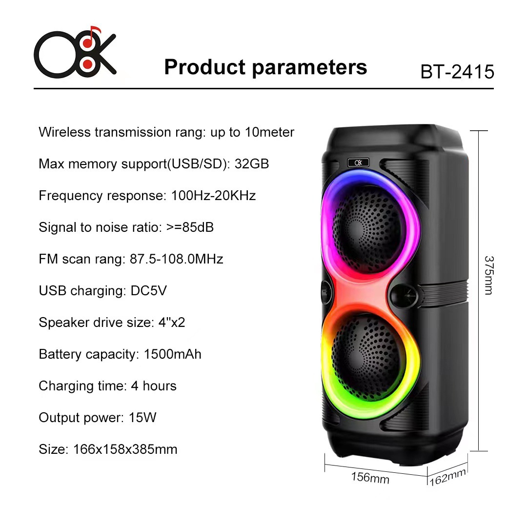 BT-2415 doble 4 pulgadas Bluetooth altavoz portátil de alta potencia al aire libre Correa subwoofer radio Bluetooth altavoz