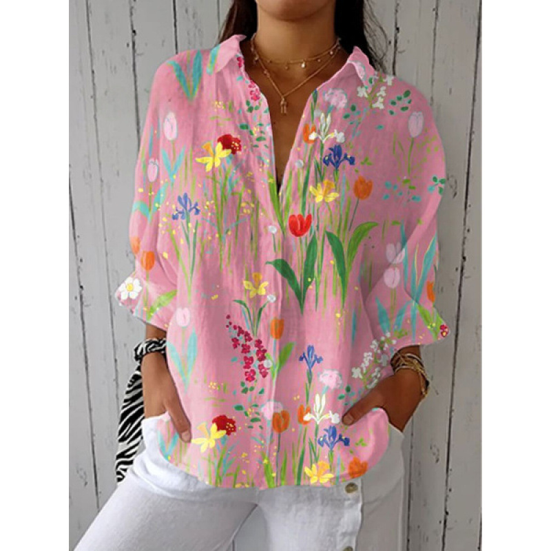 Amazon Spring and Summer New 3D Printed Lapel Casual Shirt Women's Creative Fashion Floral Floral Shirt