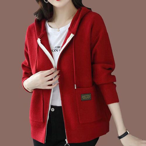 Pure Color Cashmere Cardigan for Women, Loose Hooded Zipper Sweater, Wool Knit Short Coat with Thicken