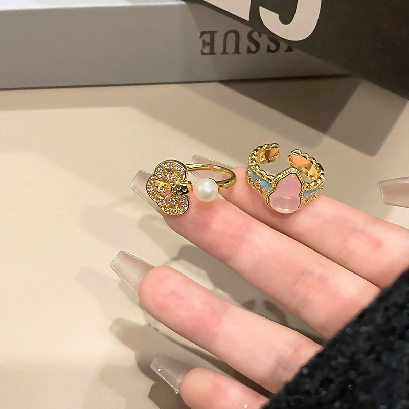 新中式燒藍粉色蕾絲葫蘆戒指女輕奢簡約百搭個性精緻花朵指環配飾