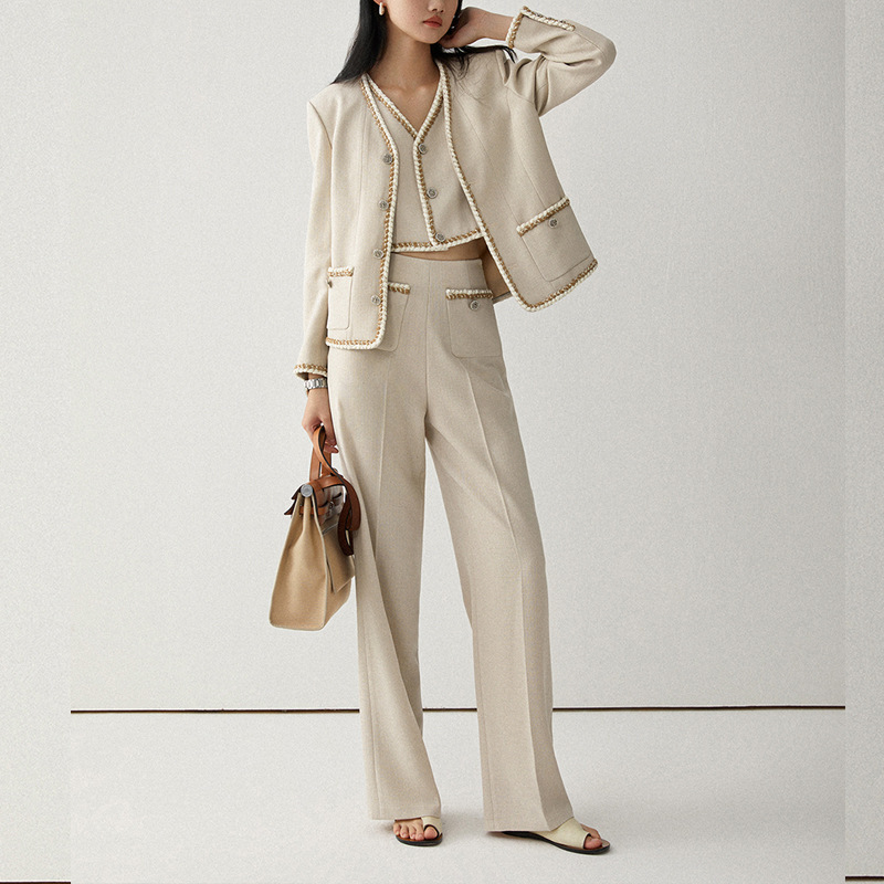 2025 Summer Women's Fashion New Style High-End Suit Jacket Vest Pants Set Linen Chanel Style