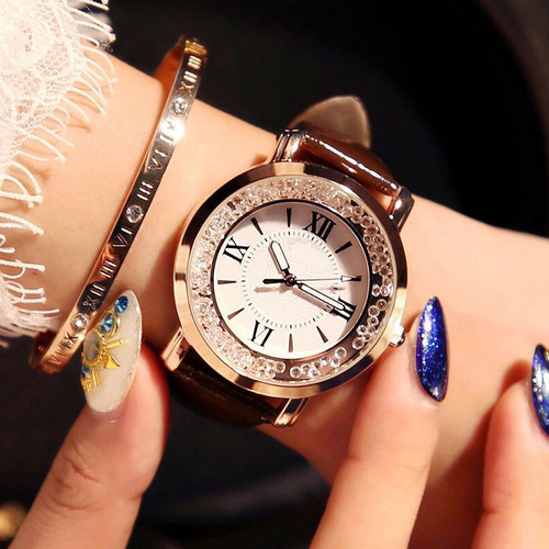 Trendy Lady Watch with Flowing Water Diamond Strap, Fashionable Casual Student Simple Strap Roman Numerals Watch