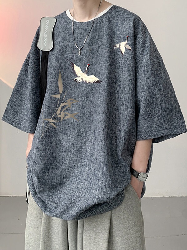 New Chinese-Style Men's Clothing, Ice Silk Thin Linen-Colored Short-Sleeve Men's Summer T-Shirt, Plus Size Half-Sleeve Trendy New Chinese-Style Men's Clothing, Ice Silk Thin Linen-Colored Short-Sleeve Men's Summer T-Shirt, Plus Size Half-Sleeve Trendy