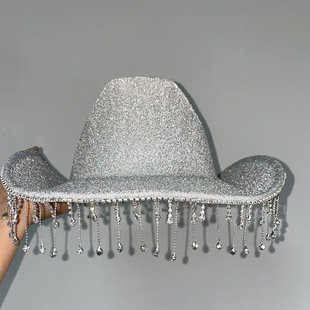 Halloween Party Silver Pink Gold Powder Diamond Strip Cowboy Hat Eva Composite Halloween Glitter Diamond Cowboy Hat