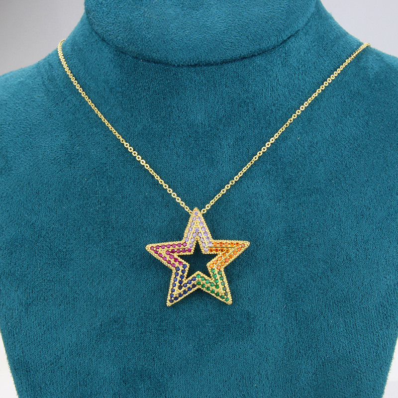 Full Diamond Five-pointed Star Copper Necklace display picture 2