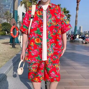 Northeast Big Flower Shirt Half Shorts suit Men's Summer Thin Short-sleeved Shirt Set with Cross-border Two-piece Set