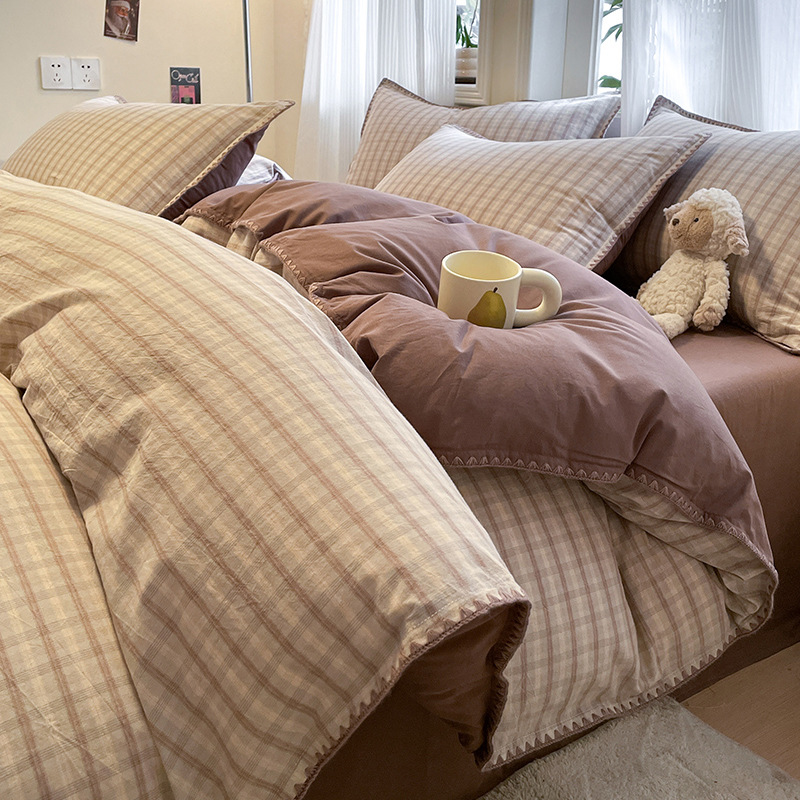 Classe A 100% algodón conchas lavados con agua de algodón de cuatro piezas de cuatro estaciones de cama de cama cubierta de colcha de cama simple de tres piezas