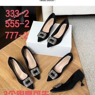 High-heeled shoes women's spring and autumn fine heel rhinestone suede not tired feet temperament pointed square buckle single shoes temperament new explosions