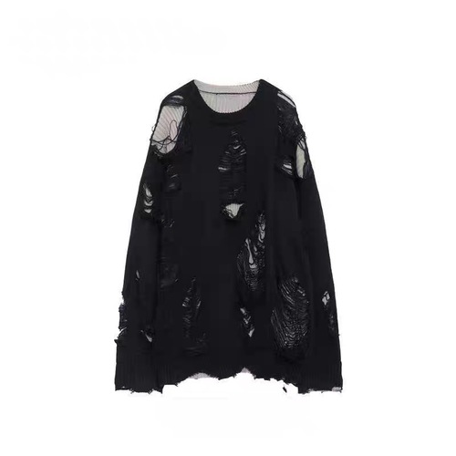 European and American High-Street Faux Two-Piece Oversized Ripped Sweater—Unisex Autumn/Winter Lazy-Style Hollow-Out Design Knitted Sweater