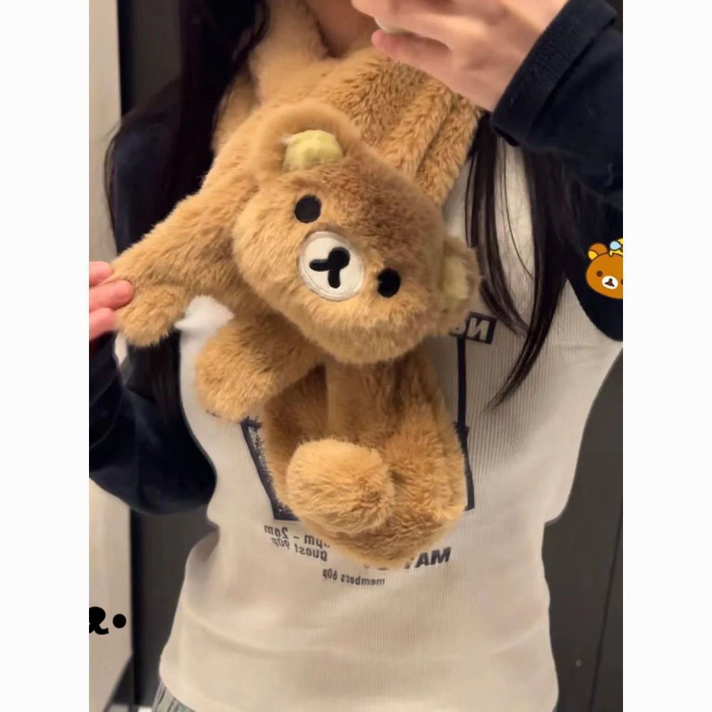 여성 겨울 곰돌이 봉제 목도리 보온 퍼 머플러 브라운