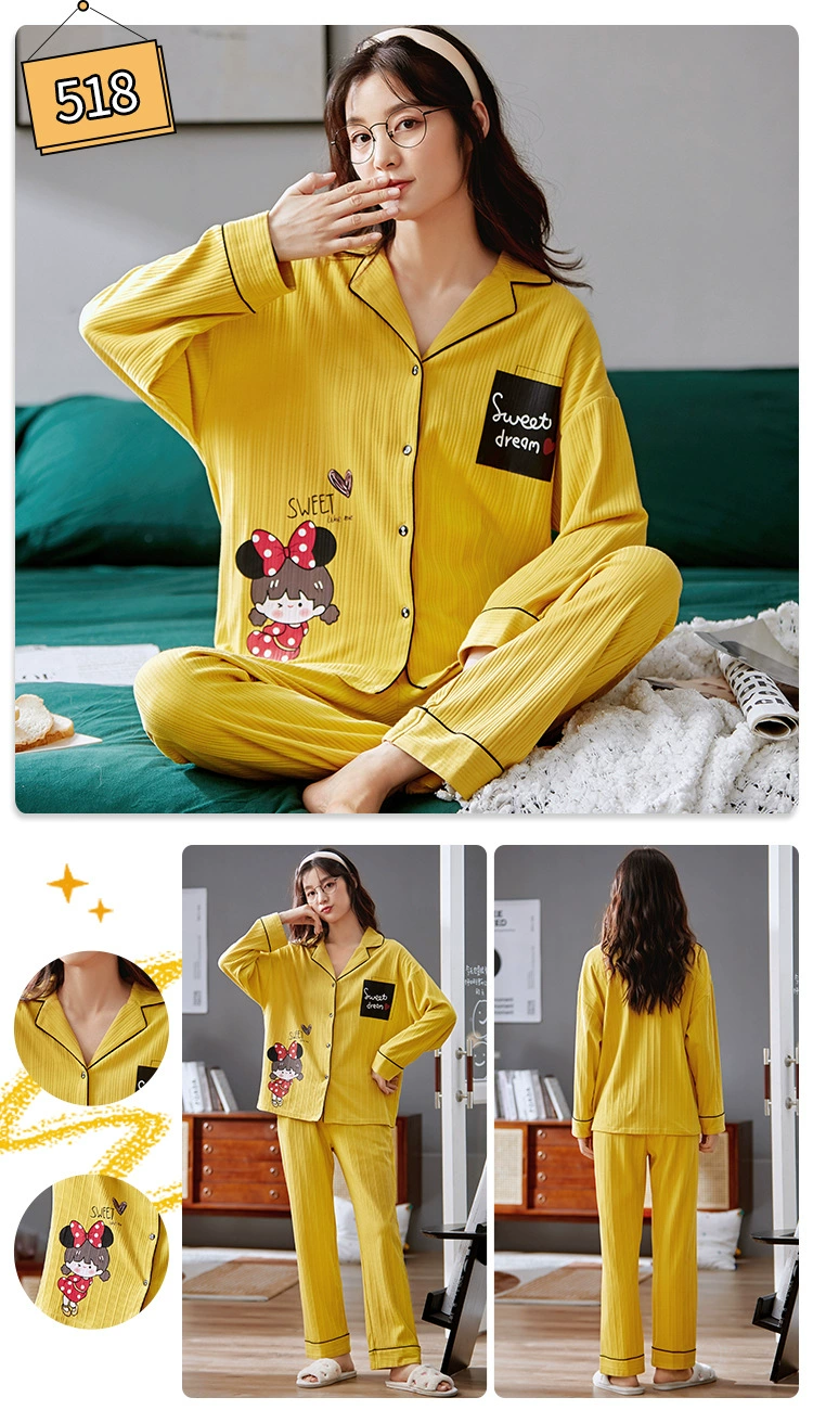 pyjamas for women SLPBELY Women Pajamas Set Homesuit Spring Cartoon Turn Down Collar Long Sleeve Nightwear Sleepwear Sleepwear Homewear Pyjamas silk pajamas