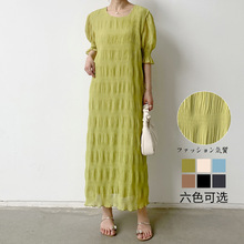 2024日韩风夏季女装优雅褶皱纹理感设计感宽松休闲短袖雪纺连衣裙