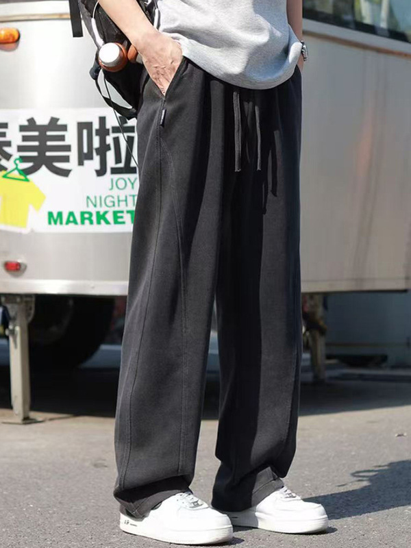 男生休闲裤慵懒重磅卫裤男直筒男裤抽绳阔腿弯刀裤宽松水洗运动裤|undefined