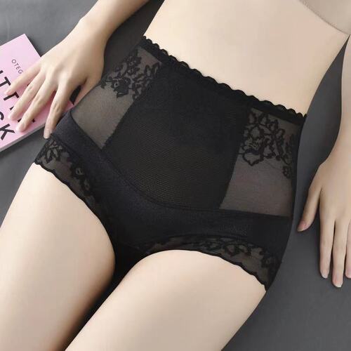 Seamless High Waist Hip Lifting Large Size Belly Controlling Women's Underwear Lace Semi-Transparent Hollow Pure Cotton Crotch Briefs for Girls