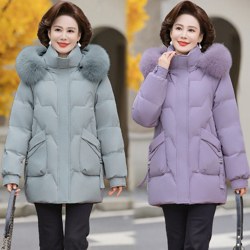 Large Fur Collar Mom's down Jacket, Mid-Length, Thickeneded, Warm and Stylish, 40 and 50 Years Old, Middle-Aged and Elderly Women's Winter Large Size Jacket