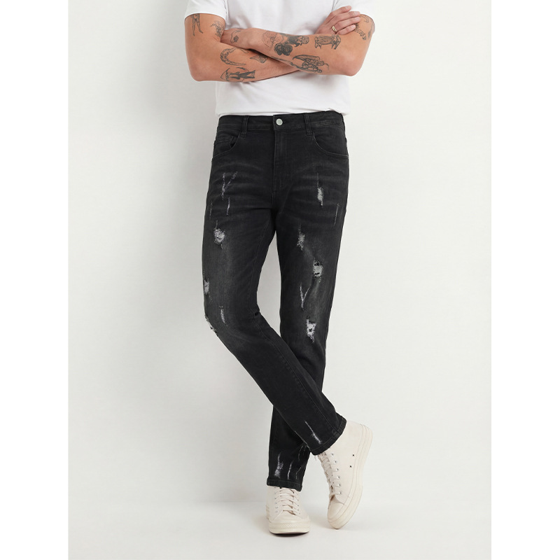 Men's Slim Fit Jeans Fashion Trend Elastic Patch Denim Trousers Mid Waist Black Long Casual Cotton Pants_mkmklike.com