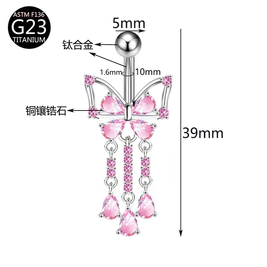 Fuchsia belly button piercing with bow, pendant drop-shaped, European style