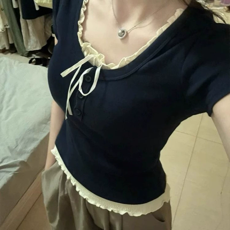 Летняя рубашка с галстуком-бабочкой и контрастным цветом, состоящая из двух частей, с короткими рукавами, красивый топ для похудения и красивый топ.