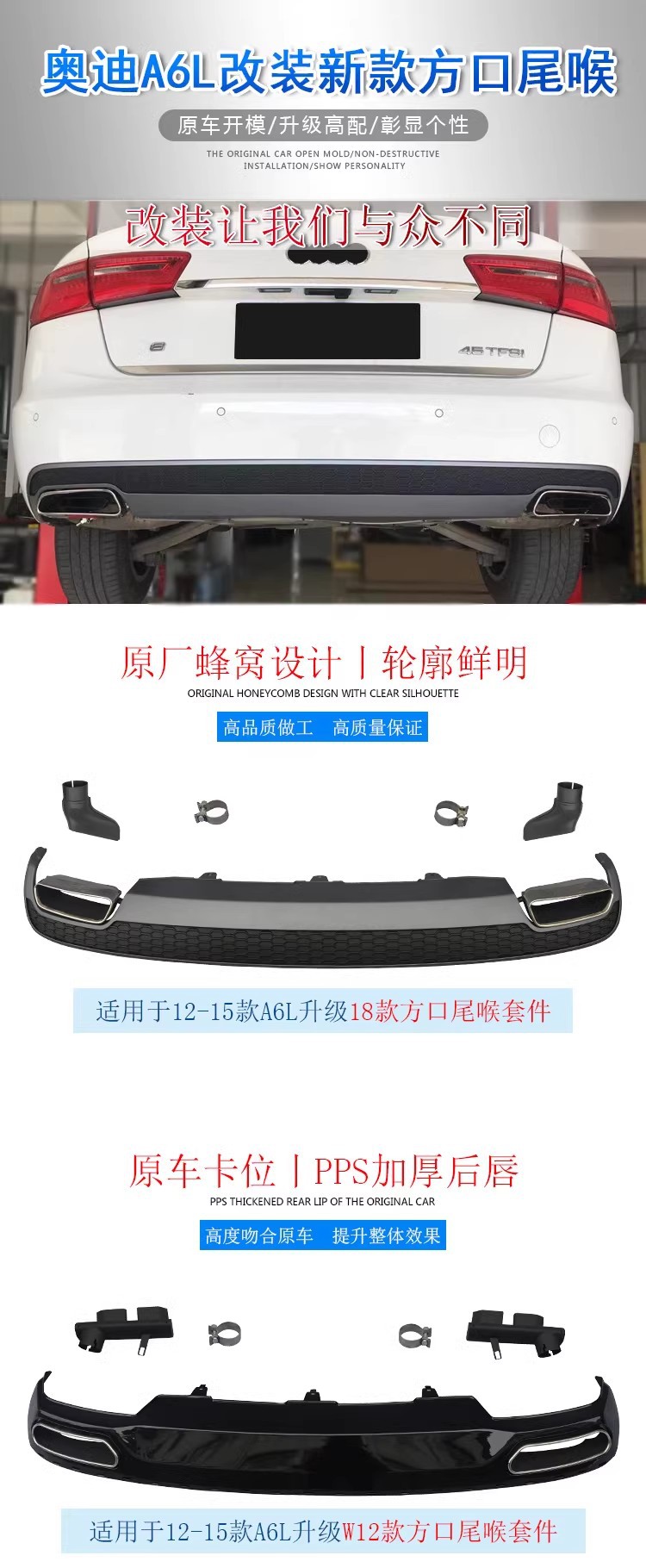 Modified Square Exhaust Outlet Rear Lip Spoiler for Audi A6 C7