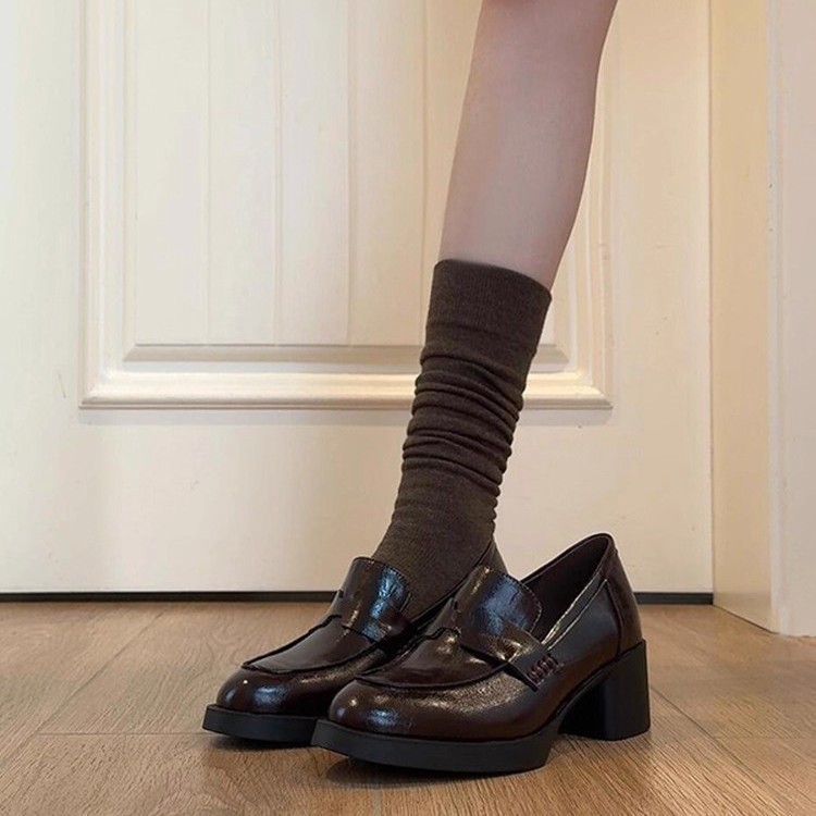 Sheepskin Version ~ Genuine Leather Retro Thick Heel Work Clothing Slip-On High-Heeled Loafers for Women British Style Small Leather Shoes Jk Flats