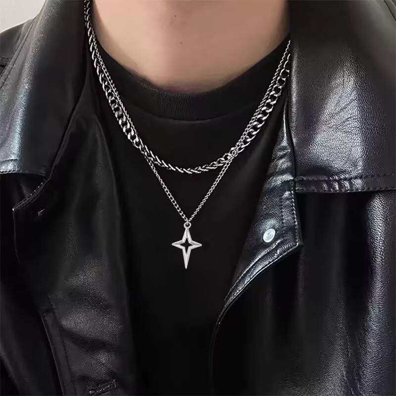Fashion Hip Hop Hollow Star Cross Pendant Double Layer Necklace Distinctive Star Shape Cold Style Collarbone Chain for Men