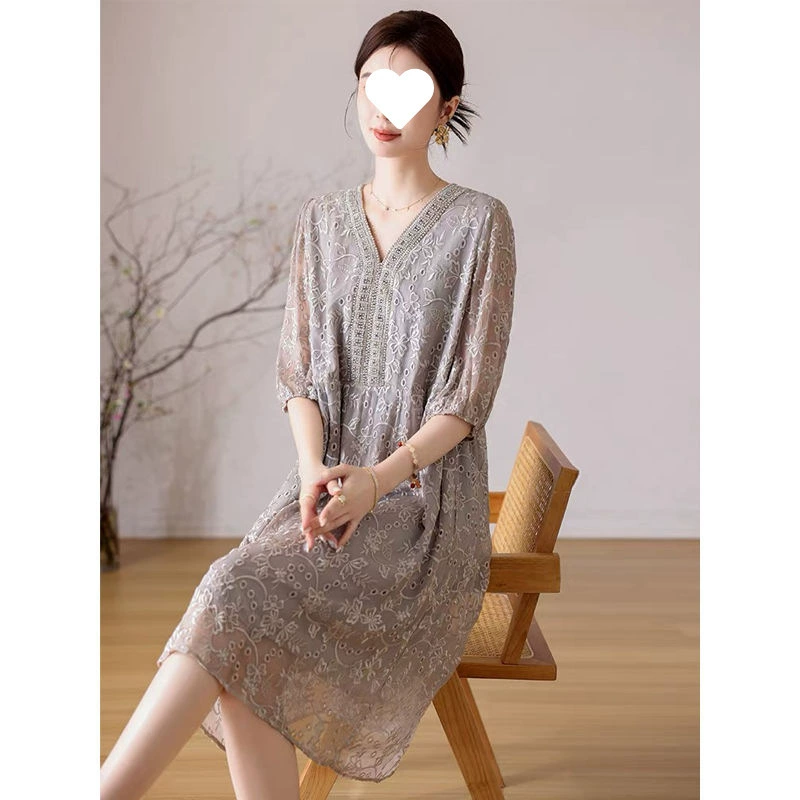 Шёлковое вышитое платье Ханчжоу 2025, высококачественное новое летнее платье из тяжёлого шёлка тутового шелкопряда средней длины.