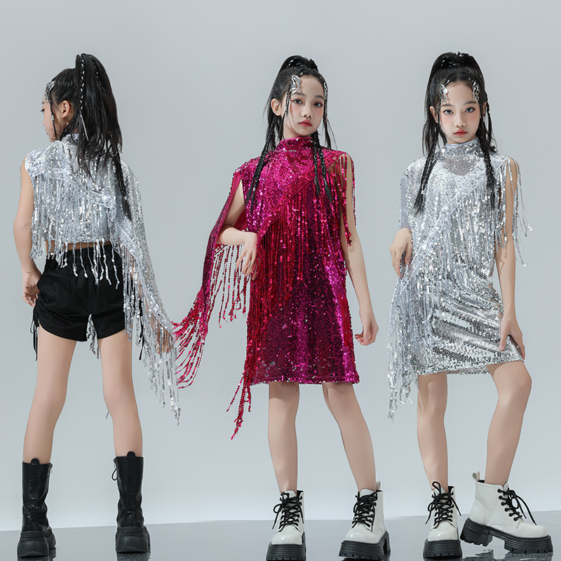 어린이 SEQUINS 재즈 댄스 공연 옷 개인화 된 술 라틴 댄스 옷 소녀 힙합 스트리트 댄스 모델 쇼 옷