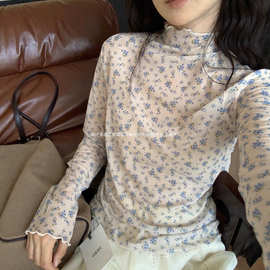新品韩系叠叠穿半高领碎花蕾丝衫女简约百搭显瘦内搭长袖T恤印染