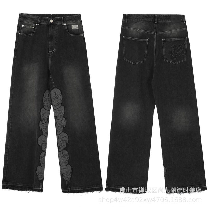 Cross-border source Revenge skull embroidery straight tube loose jeans revenge new trousers handsome men