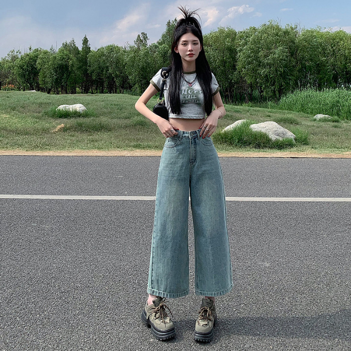 包邮一件代发 美式沙白色牛仔裤女高腰显瘦百搭小个子直筒阔腿裤|undefined