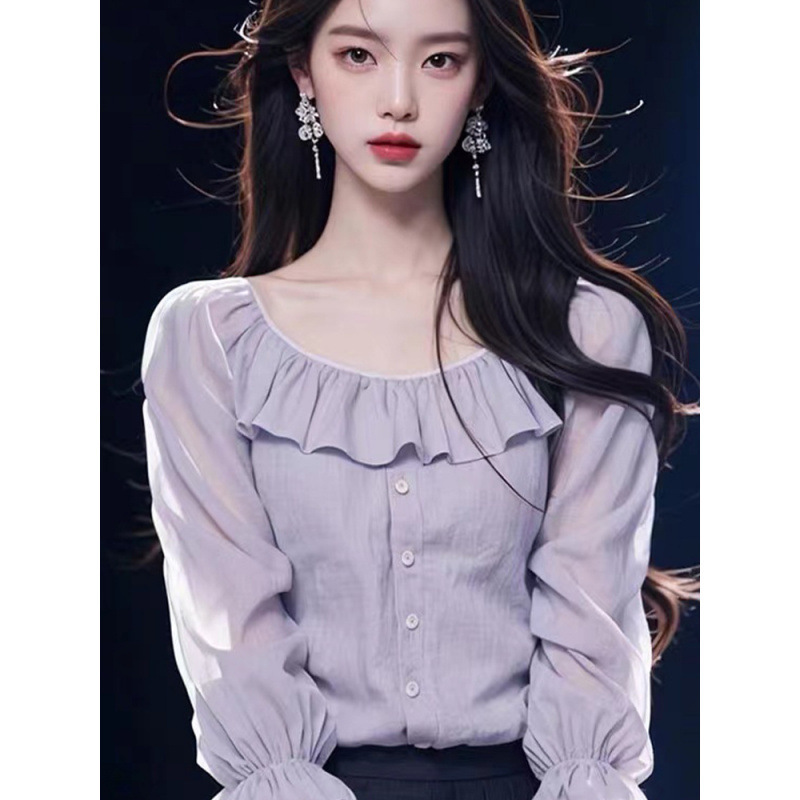 2025年秋の新作婦人服韓国系紫シフォンシャツ気質ハスの葉の縁の高級感七分袖上着|undefined