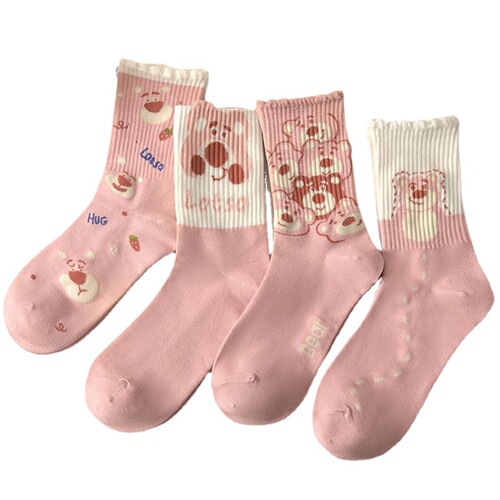 Pink socks women's mid-calf ins trendy and versatile autumn and winter Korean cute bear sweet and versatile student sports socks