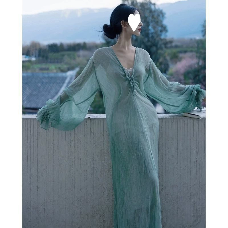 Новое китайское женское зелёное платье в стиле дзен, лето 2025, новое, высококачественное, очень красивое, ретро-шик, длинное платье